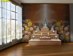 ภาพผนังห้องพระโทนน้ำตาลอบอุ่น ลายดอกบัวทองชมพูและกลุ่มเมฆไทย จัดภาพสมดุล เหมาะสำหรับห้องพระ วัด และพื้นที่สวดมนต์พุทธ