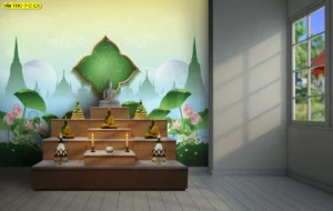 ภาพผนังห้องพระโทนอ่อนสว่าง ลายใบบัวสีเขียวและดอกบัวชมพู ให้บรรยากาศโปร่งสงบ เหมาะสำหรับห้องพระ วัด และพื้นที่สวดมนต์พุทธ