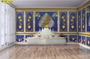 งานออกแบบตกแต่งภายในห้องสวดมนต์สุดหรูด้วยวอลเปเปอร์โทนสีน้ำเงินเข้มสลับลวดลายจิตรกรรมไทยสีทองอร่ามดูสงบนิ่งและภูมิฐาน