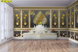 ดีไซน์ห้องปฏิบัติธรรมขนาดใหญ่เน้นตกแต่งผนังหลังพระประธานด้วยเฉดสีฟ้าครามผสานลายไทยโบราณที่ให้ความรู้สึกร่มเย็นสบายตา