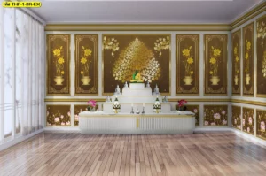 ไอเดียจัดห้องพระในบ้านเดี่ยวระดับลักชัวรีด้วยการตกแต่งผนังโทนสีน้ำตาลประกายทองสลับลายพุ่มข้าวบิณฑ์ที่ดูประณีตงดงาม
