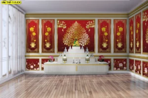 ผลงานติดตั้งวัสดุกรุผนังตกแต่งห้องพระโทนสีแดงชาดสไตล์คลาสสิกสะท้อนความโอ่อ่าตามแบบแผนศิลปวัฒนธรรมไทยดั้งเดิม