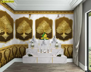 การตกแต่งผนังห้องพระด้วยโทนสีทองแดงและน้ำตาลเข้มสะท้อนความอบอุ่นทรงพลังเหมาะสำหรับบ้านที่เน้นความเคร่งขรึมและสง่างาม