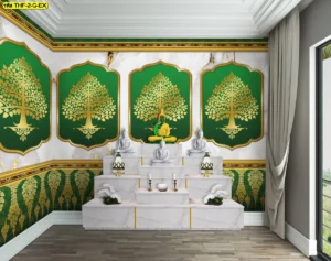 ไอเดียแต่งห้องสวดมนต์ยุคใหม่ด้วยเฉดสีเขียวมะกอกอบอุ่นผสานลวดลายลายกนกที่มีความประณีตบรรจงเพื่อยกระดับความหรูหรา