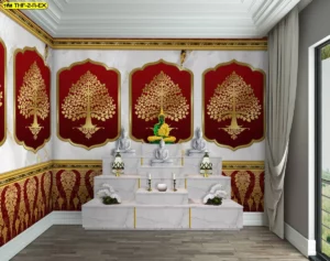 ห้องพระสไตล์โมเดิร์นทรอปิคอลที่โดดเด่นด้วยผนังเน้นสีแดงมรกตสลับลวดลายพุ่มไม้ทองคำสร้างความตระการตาให้กับผู้มาเยือน